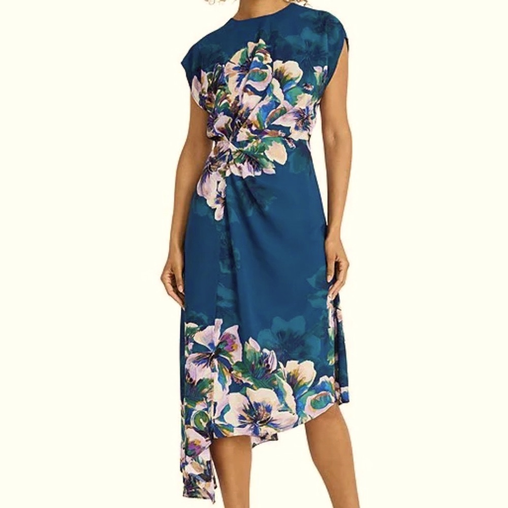 Maggy London One Shoulder Floral Dress in Teal Blue and Purple